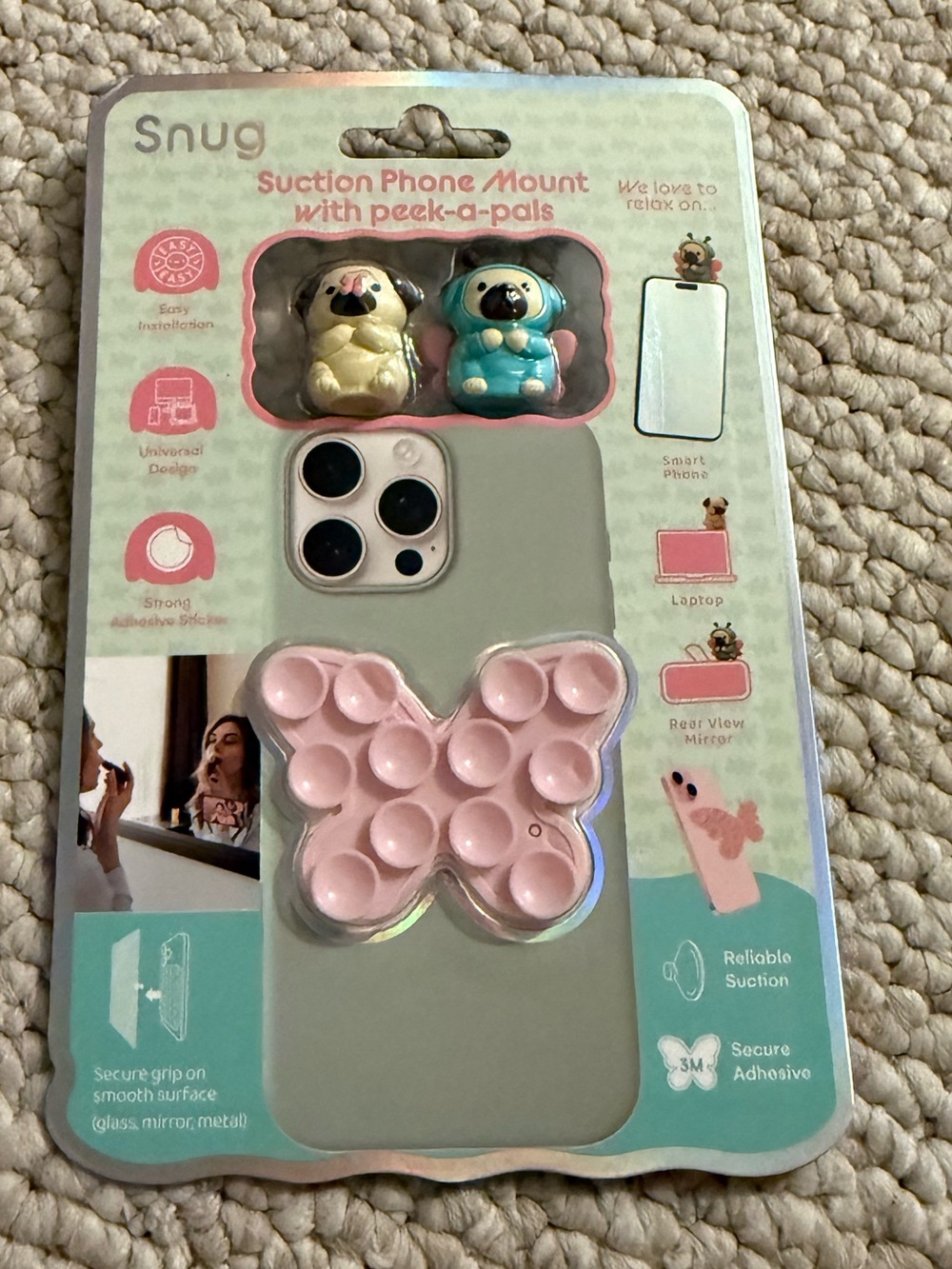 Snug Pink Butterfly Suction Phone Mount with Peek-a-Pals